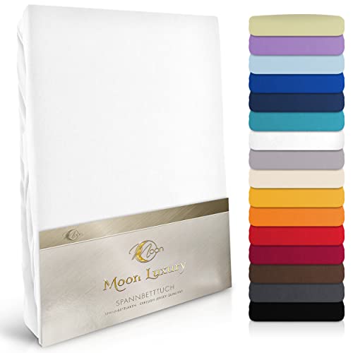 MOON-Luxury Spannbettlaken Spannbetttuch Jersey Stretch 230g/m² für Wasserbetten, Boxspringbetten und herkömmliche Matratzen (weiß, 120x200-120x220)