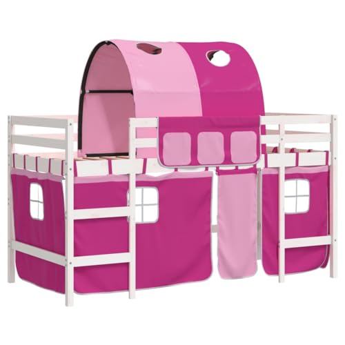 vidaXL Kinderhochbett, Hochbett mit Tunnel Vorhängen, Spielbett Bett für Kinder ab 6 Jahren, Kinderbett Etagenbett Stockbett, Rosa 90x200cm Massivholz Kiefer