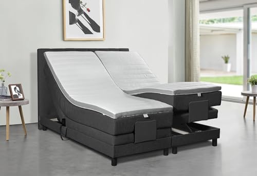 Tesla Dreams Boxspringbett 160x200 Emotion - Elektrisch verstellbare Matratze, 7 Zonen Taschenfederkern-Matratze H2/H3, Topper Kaltschaum, Anthrazit