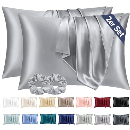 Vielit 2er Set Satin Kissenbezug 40 x 80 Grau, Weich wie Seidenkissenbezug 40x80,Bessere Pflege als Silk Pillosecase,Satin Kopfkissenbezug Kissenhülle für Haar und Haut mit 2 Haargummis