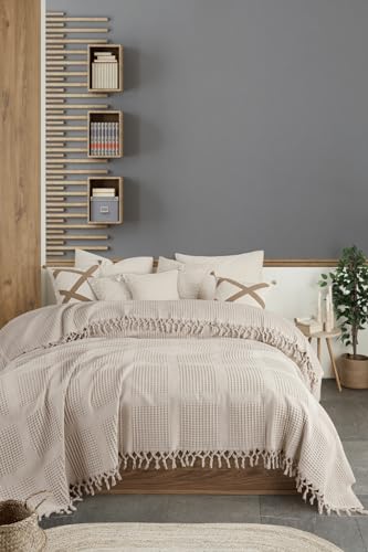 BOHORIA® Tagesdecke XXL in Waffeloptik Inara extra groß 220 x 240cm | 100% Baumwolle | Oeko-Tex® | Überwurf für Sofa, Sessel & Bett | Sofadecke Wolldecke Wohndecke (Sepia)