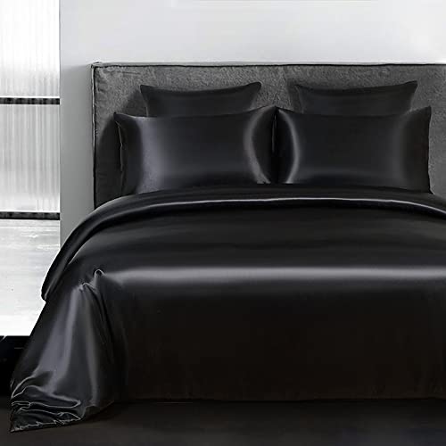 Omela Bettwäsche Satin 200x220 Schwarz Einfarbig Glatt Bettbezug mit Reißverschluss 3 Teilig Sommerbettwäsche Set 100% Glanzsatin Polyester Deckenbezug und Kissenbezüge 80x80 cm