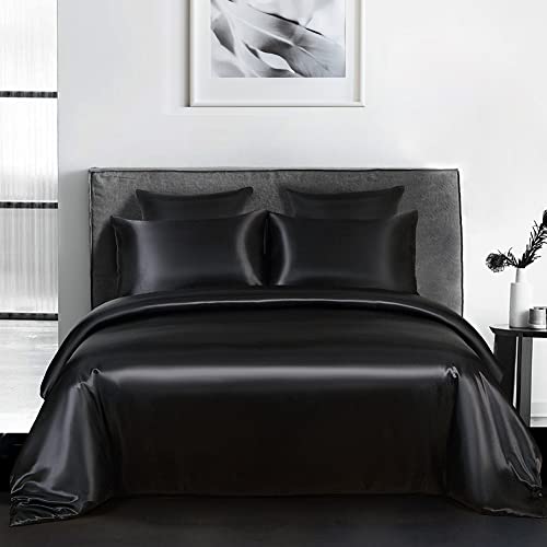 AShanlan Satin Bettwäsche 140x200 Schwarz Uni Einfarbig Deckenbezug 100% Glatt Angenehm Glanzsatin Polyester - 1 Bettbezug 140 x 200 + 1 Kissenbezug 70 x 90 cm