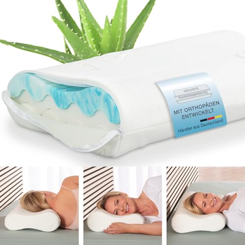 Nackenstützkissen 4-fache Höhenanpassung, Liegekomfort auf Gelschaum- oder thermoelastischer Viskoschaum-Seite, orthopädisches Nackenkissen mit Memory Foam, inkl. Aloe Vera Bezug 60 x 35 cm