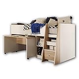PIERRE Hochbett mit Schreibtisch 90 x 200 cm - Platzsparendes Kinder Etagenbett in Eiche Sonoma / Weiß - 102 x 107 x 204 cm (B/H/T)