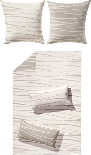 Erwin Müller Wende-Bettwäsche, Bettgarnitur, Winter-Seersucker, Wellenmuster beige, Größe 155x220 cm (40x80 cm) - pflegeleicht, schnell trocknend, bügelfrei, Dank praktischem Reißverschluss leicht zu
