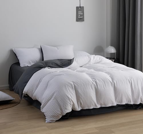 Seersucker Bettwäsche Wendeoptik,Sommerbettwäsche Microfaser 3teilig Weiß, 1 Bettbezüge 220x240 cm + 2 Kissenbezüge 80X80 cm, Weich und Bügelfrei, mit Reißverschluss, Geeignet für Doppelbett