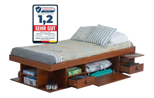 Funktionsbett Bali 90x190 Karamell - Schrankbett mit viel Stauraum u. Schubladen, smart Bed fÈr kleine Schlafzimmer - Bett mit Aufbewahrung aus Kiefer Massivholz - Einzelbett inkl. Lattenrost