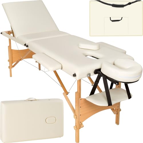 tectake® Mobile Massageliege 3 Zonen, höhenverstellbar, klappbar, Zubehör Kopfstütze, Tasche, belastbar bis 250kg, Möbel für Kosmetik, Massage, Tattoo Zubehör, Physiotherapie Zubehör - beige