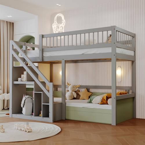 Kinderbett Etagenbett 90 x 200 cm, Hochbett mit Treppe und Aufbewahrungsschrank, Multifunktionsbett Einzelbett Stockbett Spielbett Kinderhochbett Jugendhochbett, Massivholz, Ohne Matratze, Grau