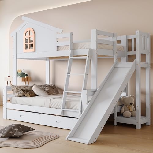 Becag Kinderbett Etagenbett 90x200&120x200, Hausbett Hochbett mit 2 Schubladen, Leiter&Rutsche, Holzbett Bettgestell mit Rausfallschutz und Lattenrost, Holz Bettrahmen, Jugendbett, Ohne Matratze, Weiß