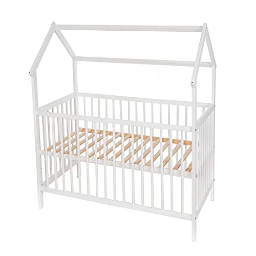 Generisch Baby Delux Babybett Kinderbett Hausbett 120x60 cm weiß mit Dach Rollrost 3-Fach höhenverstellbar (mit Schaumstoffmatratze 120x60x6 cm)