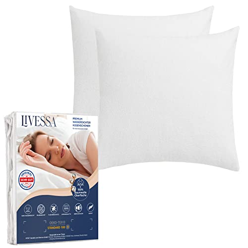 LIVESSA wasserdichter Kissenbezug 80x80 cm (2er Pack) - Kissenschoner mit Reißverschluss, Pillow Protector, Anti-Milben, Oeko-Tex Zertifiziert, Atmungsaktiv, %100 Baumwolle Oberfläche