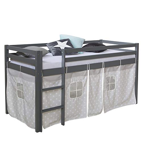 Homestyle4u 1875, Hochbett 90x200 Kinder Kinderbett 90x200 mit Rausfallschutz Treppe Bettgestell Kiefer Holz Vorhang Grau Sterne