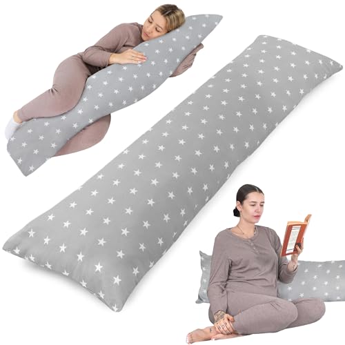 Totsy Baby Seitenschläferkissen mit Bezug Baumwolle 40 x 145 cm - Komfortkissen Schlafkissen Seitenschläfer Body Pillow Seitenschlafkissen Weiße Sterne auf Grau