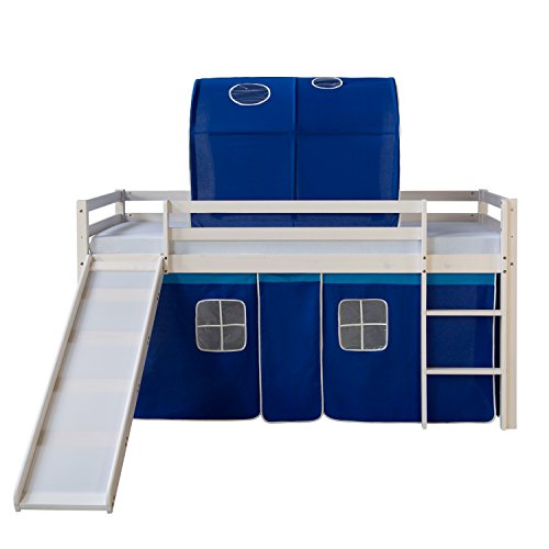 Homestyle4u 1568, Kinderbett 90x200 Weiß Hochbett mit Rutsche Treppe Vorhang Tunnel Blau BettgestellHolz Kiefer Kinderzimmer