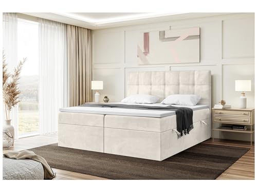 MEBLINI Boxspringbett mit Bettkasten - Gepolstert Doppelbett mit Matratze und Topper - Polsterbett mit Stauraum - Bett mit Kopfteil - Stauraumbett - Kai - 200x220 - H4/Creme Samt