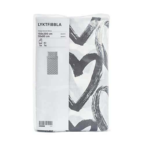Ikea LYKTFIBBLA 604.664.25 Einzelbett-Bettwäsche-Set, Bettbezug und Kissenbezug, 150 x 200 cm & 50 x 80 cm, Grau/Weiß Herz Aufdruck