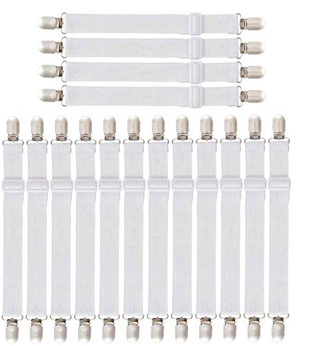 O-Kinee 16 Stück Verstellbare Bettlakenspanner, Betttuchspanner verstellbar Elastische Bettlakenspanner Lakenspanner mit Metallclips matratzenspanner für Bettlaken, Matratze(16pcs-White)