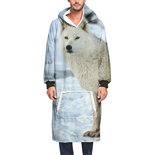 Ouduo Kapuzenpullover Decke, 3D Tier Wolf Drucken Übergroße Sherpa Hoodie Weiche Warme Riesen Sweatshirt Blanket Fronttasche Plüsch Pullover Decke mit Kapuze (One Size,Schnee)