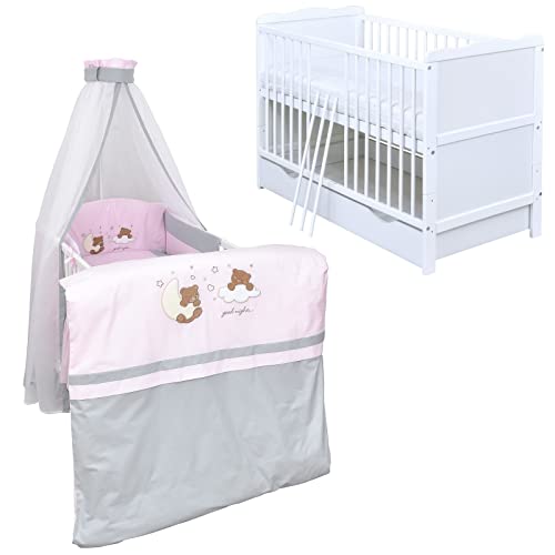 Generisch Baby Delux Babybett Komplett Set Kinderbett umbaubar zum Juniorbett 140x70 weiß Schublade Matratze Bettset mehrteilig Jack (Traumland rosa grau)