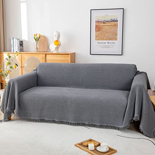 Sofa überwurfdecke Waffel Tagesdecke mit Quasten,Premium Wendedecke als Bettüberwurf Sofaüberwurf Couchdecke oder Wohnzimmerdecke 3 Sitze 180 x 300cm Grau