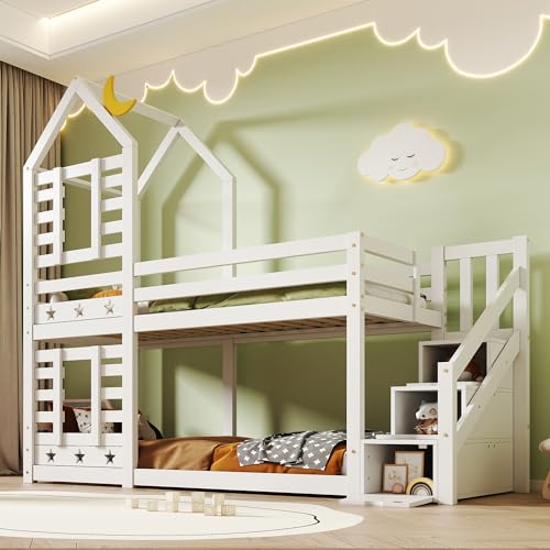 Etagenbett Kinderbett 90 x 200 mit Treppe & Schubladen, Hochbett Hausbett für 2 Kinder, Massivholz Stockbett Jugendbett Doppelbett, Baumhaus Bett mit Rausfallschutz und Lattenrost, Weiß, Ohne Matratze