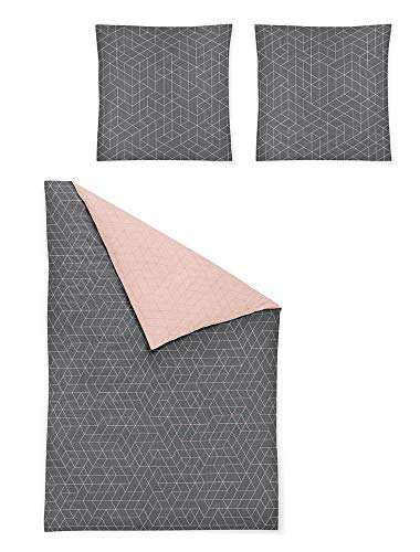 Irisette Mako Satin Bettwäsche 155x220 2tlg grau rosa | Bettwäsche-Set aus 100% Baumwolle | 2 teilige Wende-Bettwäsche 155x220 cm & Kissen 80x80 cm | Geometrisches Muster