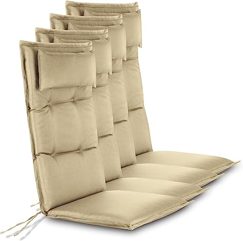 normani 4er-Set Stuhlauflagn Hochlehner mit Kissen - Gartenstuhlauflagen gepolstert für Draußen und Drinnen aus pflegeleichtem und wasserdichtem Outdoor Material 120x50 cm Farbe Beige