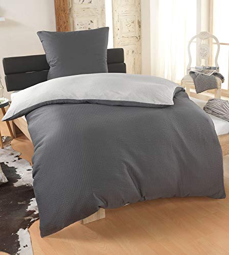 DreamHome 2 teilig Uni fein Seersucker Wende Bettwäsche Bettbezug für Bettdecke Kissenbezug 80x80, Farbe:Silber-GRAU, Größe:135 x 200 cm