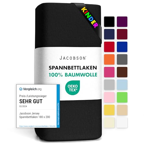 Jacobson Jersey Spannbettlaken Spannbetttuch Baumwolle Bettlaken (60x120-70x140 cm, Schwarz)