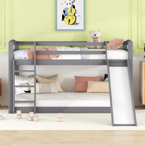 HYUB Kinderbett, Etagenbett 90x200cm mit Rutsche und Rausfallschutz, Hochbett mit Lattenrost und Leiter, Hausbett für 2 Kinder, Bettrahmen aus Hochwertigem Massivem Kiefernholz, Ohne Matratze, Grau