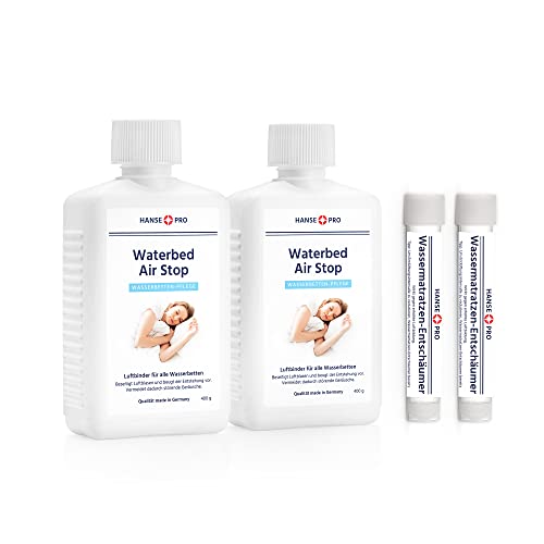 Hanse Pro Luftbinder-Set für Wasserbetten, 2 x 250 ml Air Stop, 2 x 15 ml Wasserbetten-Entschäumer I Pflege I Luft-Binder I Luft-Löser I beseitigt Luft-Geräusche im Wasserbett I Bubble Stop