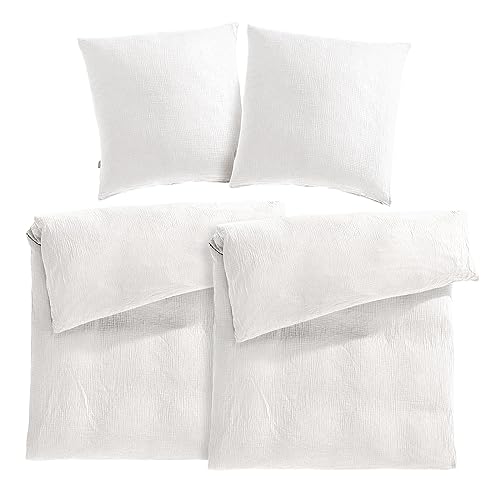 Pure Label Musselin Bettwäsche 135x200 4 teilig bestehend aus Bettbezug 135 x 200 cm 2er Set + Kissenbezug 80x80 cm 2er Set aus Baumwolle - Traumhaft kuschelige Bettwäsche-Sets in weiß