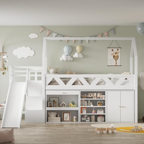 LATICO Kinderbett 90x200 Einzelbett, Hochbett Hausbett mit Rutsche und Treppe, Regal & Schubladen & Schließfach, Holzbett mit Stauraum, Bettgestell mit Lattenrost, Stauraumbett, Ohne Matratze, Weiß