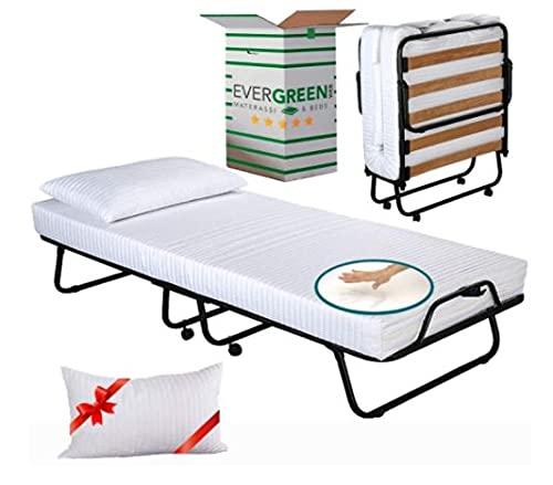 EVERGREENWEB Klappbett 90x200 mit Matratze aus Memory Foam, Höhe 12 cm + Visco Kissen GRATIS, Lattenrost aus Holz, Stabiler Metall-Rahmen mit Rollen und Bequeme Matratze, Platzsparend Klappbett