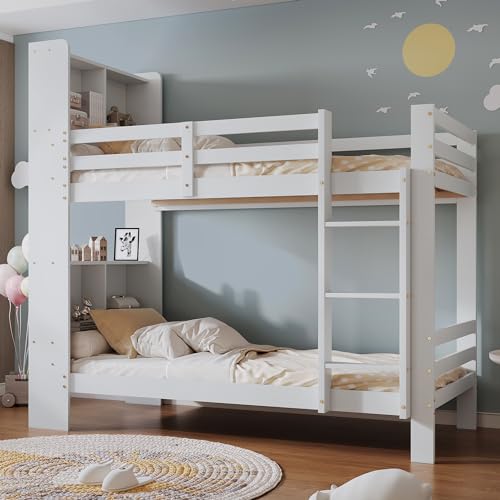 Rtopsu Etagenbett Kinderbett 90x200 cm mit Stauraum Regal, Hochbett mit Stauraum Kopfteil und Leiter, Bett mit Lattenrost aus Holz und Bettkasten für 2 Kinder, Weiß, Ohne Matratze