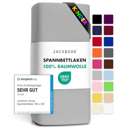 Jacobson Jersey Spannbettlaken Spannbetttuch Baumwolle Bettlaken (60x120-70x140 cm, Grau)