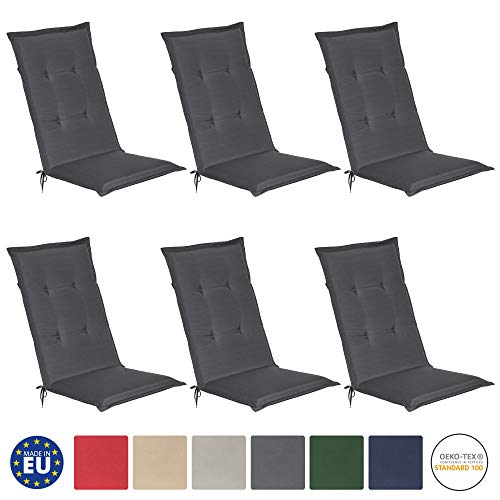 Beautissu 6er Set Loft HL Hochlehner Auflagen Set Graphitgrau 120x50 cm Sitzkissen Gartenstuhlauflage Schaumkern-Füllung mit Oeko-Tex - UV Lichtecht