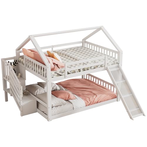 Azkoeesy Etagenbett 140x200 mit Rutsche, Kinderbett Hausbett mit Rutsche, mit Treppe, mit Stauraum, Lattenrost, für 4 Kinder und Erwachsene, Kiefernholz, Weiß