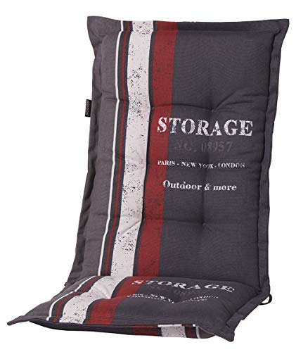 Madison 8 cm Luxus Hochlehner Auflage G 148 Storage Red, grau mit rotem Streifen und Schrift, 120 x 50 x 8 cm