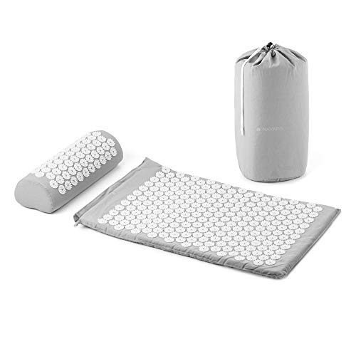 Navaris 2in1 Akupressur Massage Set - Akupressurmatte und Kissen mit Tasche - Akupressur Matte und Kopfkissen - Nadelmatte Grau