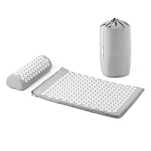 Navaris 2in1 Akupressur Massage Set - Akupressurmatte und Kissen mit Tasche - Akupressur Matte und Kopfkissen - Nadelmatte Grau