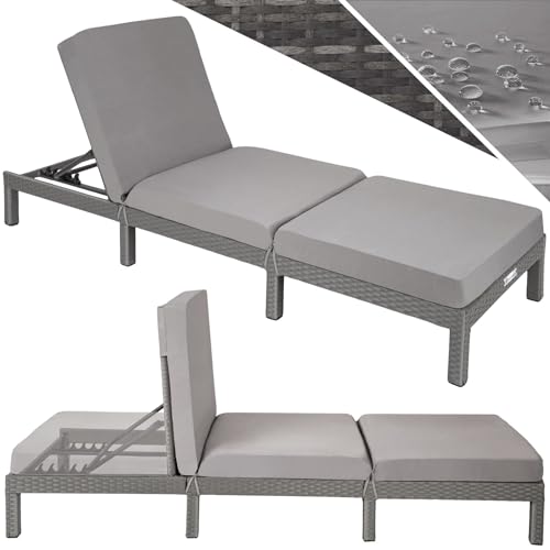 tectake® Polyrattan Sonnenliege mit 6-Fach höhenverstellbarer Rückenlehne, Outdoor Daybed mit bequemer Polsterauflage, Gartenliege Rattan für drinnen und draußen, pflegeleicht und stabil - grau