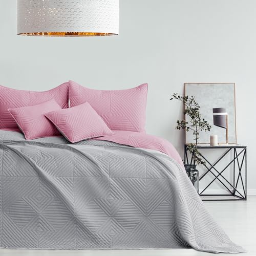 AmeliaHome Tagesdecke rosa grau 200x220 Bettüberwürf zweiseitig Ultrasonic Steppung Polyester Softa