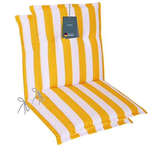 LILENO HOME Gartenstuhl Auflagen als [2er Set - Niedriglehner] in Blockstreifen Gelb - Bequeme Liegen als Sitzauflagen für Gartenmöbel - Stuhlkissen für Gartenstühle und Klappstühle