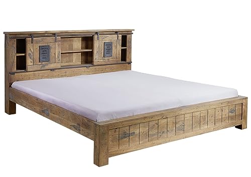 Massivmoebel24.de | RAILWAY Bett aus Massivholz #174 | aus Mangoholz - Natur, lackiert | inkl. Regalwand + Schiebetüren | mit Beinen | 200x200 | Massivholzbett Doppelbett