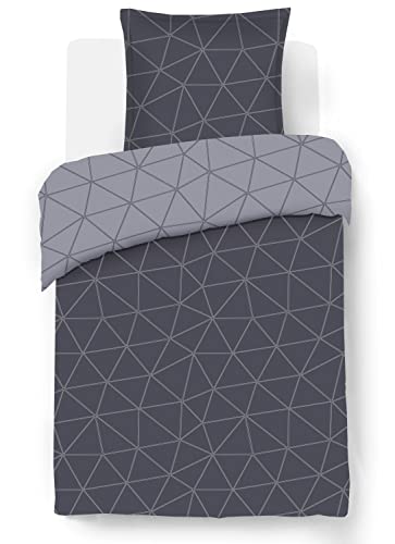 Vision - Wendebettwäsche Hugo Anthrazit – Bettbezug 140 x 200 cm mit 1 Kissenbezug für Einzelbett – 100% Baumwolle