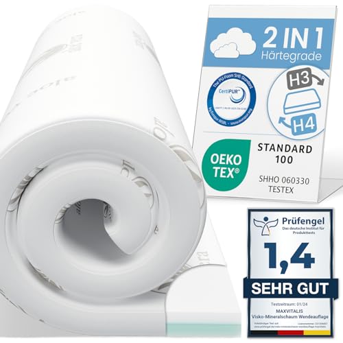 maxVitalis Viskoelastischer Matratzen-Topper, Orthopädische MemoryFoam Matratzenauflage, Viscoauflage, Wendefunktion mit 2 Härtegraden, inkl. Aloe Vera Bezug (80 x 190 cm, Viskoschaum 7 cm)