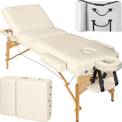 tectake Massageliege 3 Zonen, Massageliege klappbar, Massagetisch mit 7,5cm Polsterung, höhenverstellbar, Mobile Massageliege, Kopf- und Armstütze, Massagebank mit Holzfüßen, Tragetasche - beige